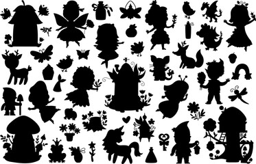 Vector fairy silhouettes clipart set. black shadow icons of girls with wings. Woodland princess stamps collection. Fantasy forest animal illustrations. Magic garden pack with elf, unicorn, dragon