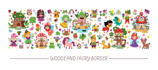 Vector woodland fairy horizontal set with elf, dwarf, houses, unicorn, dragon, fairytale creature. Magic garden princess card template, frame design for banner, invitation. fantasy forest illustration © Lexi Claus