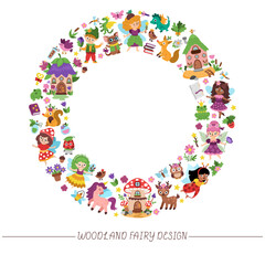 Vector woodland fairy round frame with elf, dwarf, houses, unicorn, dragon, fairytale creature. Magic garden princess card template design or border wreath for banners. Fantasy forest illustration