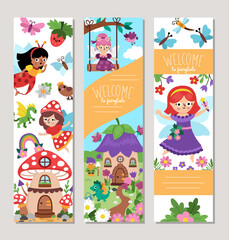 Cute fairy bookmarks set with elf, dwarf, houses, unicorn, dragon, fairytale creature. Vector cartoon woodland princess vertical cards collection. Fantasy forest book mark print templates pack