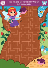 Fun maze for kids with fairy, geometrical labyrinth shaped as tree. Fairytale princess printable activity. Labyrinth game, puzzle with magic forest landscape. Help bird get to girl and eat berry