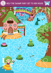Naklejka premium Fun maze for kids with swamp fairy, enchanted house, magic forest, woodland landscape. Fairytale princess preschool printable activity with cute girl with wings. Labyrinth game, puzzle