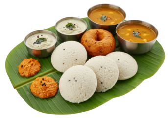 A plate of soft white mini idlis, golden brown vadas, coconut chutney and sambar isolated on transparent background