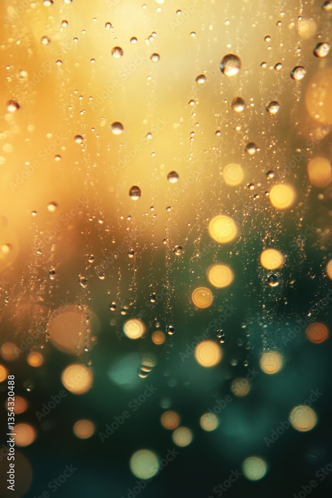 Poster raindrops and lights: an abstract image featuring a sheet of raindrops, blurring and refracting ambi