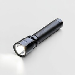 Flashlight with a compact cylindrical body and a strong LED beam, isolated on a white background for a modern and minimalist aesthetic.