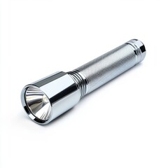 Flashlight with a polished chrome body and a bright LED light, isolated on a bright white background for a crisp and modern presentation.