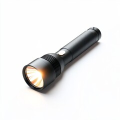 Flashlight with a sleek black cylindrical body and a bright glowing lens, isolated on a clean white background for a sharp and modern appearance.