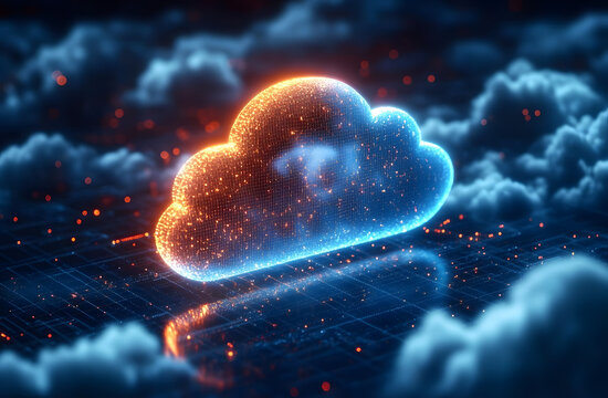 Abstract cloud computing tech. Safe encrypted storage, personal data protection, verified encription tech. Security protocol wireless file transfer drive service. Global database, online information
