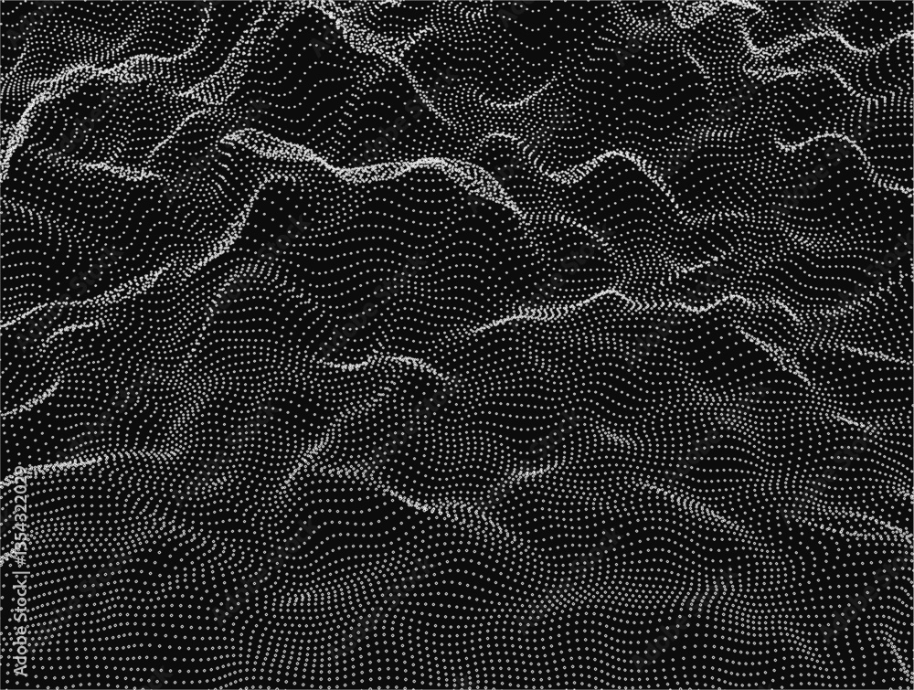 Poster a black and white image of a mountain range with a lot of dots. the image has a futuristic and abstr