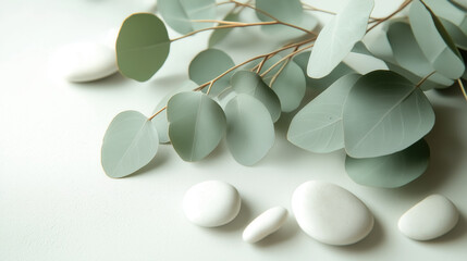 A eucalyptus branch on a soft, light-colored background, surrounded by scattered white pebbles