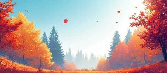 Autumn Forest Path, Falling Leaves, Sunrise