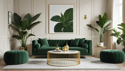 Luxurious modern living room with a green and gold color scheme. A deep green velvet sofa is the centerpiece, adorned with gold-accented cushions.