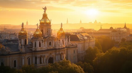 Fototapeta premium Golden light bathes architectural domes and skyline.