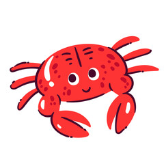 Red cartoon crab character with cute face and claws. Funny cheerful underwater animal, marine creature from tropical sea beach. Summer, crustacean mascot, cartoon friendly crab vector illustration