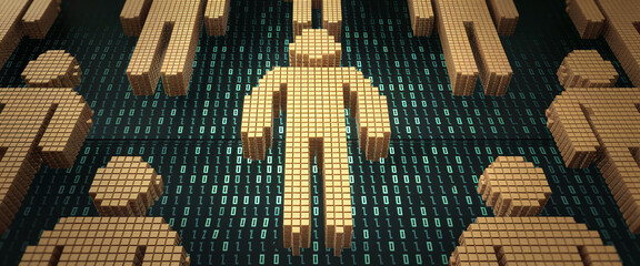 Digital human figures composed of cubes against a binary code background, representing digital identity, data processing, or network concepts