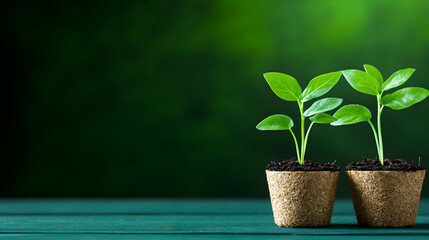 Peat pots with seedlings on green wooden background 