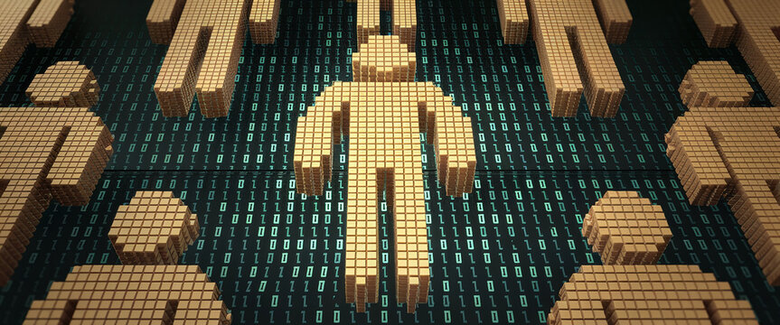 Digital human figures composed of cubes against a binary code background, representing digital identity, data processing, or network concepts