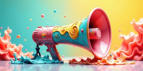 Whimsical Megaphone in a Splash of Pastel Colors, Surrounded by Vibrant Abstract Spills