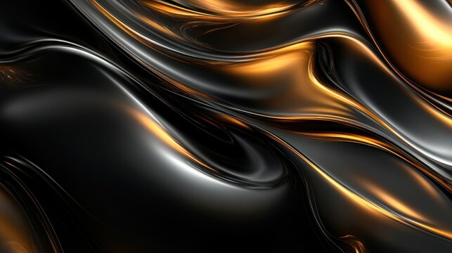 Elegant Flow: An abstract composition showcasing the fluid elegance of a combination of black, gold, and silver metallic hues that ripple and merge to generate an aesthetically compelling image.