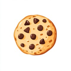 Fototapeta premium Flat design of a cookie with chocolate chips, round shape with a soft golden-brown surface, scattered chocolate chips, smooth clean edges, isolated on a white background, simple and stylish graphic.