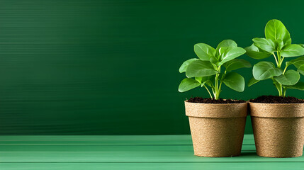 Peat pots with seedlings on green wooden background 