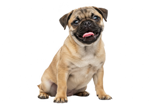 A tan pug puppy sitting with its head tilted isolated on transparent background
