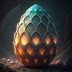 Fototapeta premium Exquisite 3D Abstract Easter Egg that Resembles a Faberge Masterpiece - Generative Ai. Rainbow-Scaled Dragon Egg with Glowing Gradient – Fantasy Digital Art