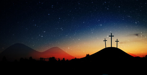 Obraz premium Crucifixion and Calvary With Crosses ​​at dawn. Biblical scene. Resurrection of Jesus Christ