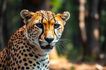 Fototapeta premium Swift Cheetah in a Lush Forest, Displaying Its Speed and Grace Amidst the Dense Greenery, Vibrant Wallpaper