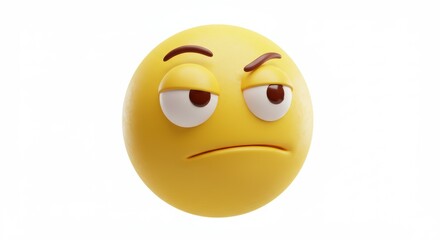 Fototapeta premium Suspicious Yellow Emoji Face with Raised Eyebrow Isolated on White Background