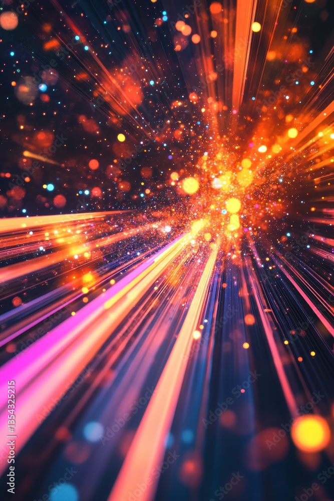 Poster abstract light: a dynamic, vibrant composition of colorful light trails exploding outwards, simulati