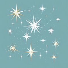 Flat design sparkle stars vector, glowing white and gold hues, smooth clean lines, varying sizes, isolated on a plain background, modern and simple geometric style.