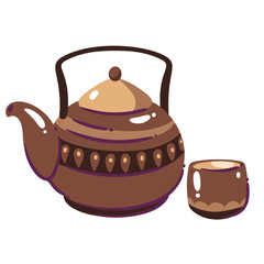 Ceramic cartoon teapot and cup with herbal tea. Organic hot tea for harmony and zen meditation, relax after yoga workout. Breakfast, drink mascot, cartoon cute cozy pot and teacup vector illustration