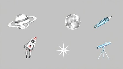 Naklejka premium Space Exploration Astronaut Planets Rocket Telescope Moon Stars