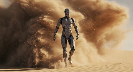Fototapeta premium Robot Walking Through Desert Sandstorm Concept of Future Technology