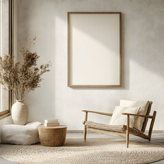 Mock up poster frame in boho style decorated livinig room. Modern, authentic Interior design of living room with wooden furnitures.