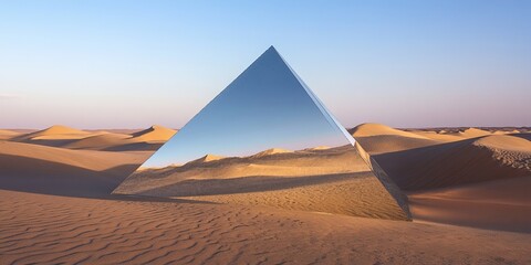 Desert Mirage: Mirrored Pyramid Reflecting the Sands in a Four-Sided Illusion.