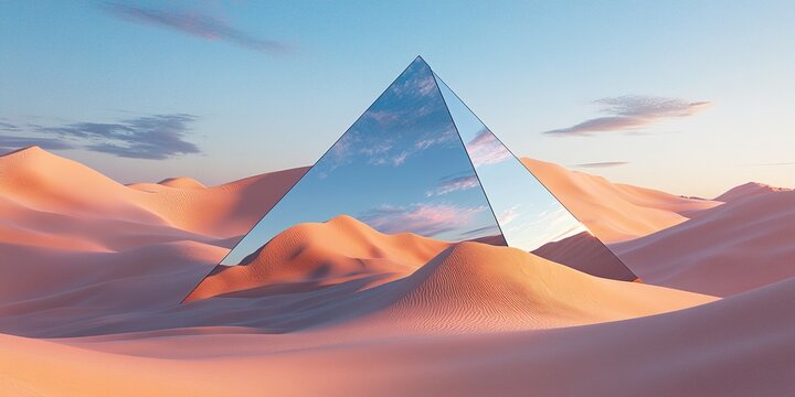 Mirrored Pyramid in Desert: Sand Dunes Reflecting a Four-Sided Structure.
- Powered by Adobe