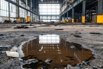 A wide-angle view of an industrial space featuring a large puddle reflecting light, showcasing worn floors and a spacious, abandoned atmosphere.