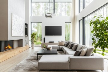 Fototapeta premium Contemporary Living Room. Luxury Interior with Stylish Decor, Warm Textures, and Elegant Design. Home Styling and Real Estate Concept.