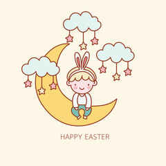 cheerful nursery clipart featuring child with bunny ears sitting crescent moon surrounded by clouds and stars celebrating Easter