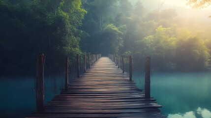 Obraz premium Path to Serenity: A captivating photograph unveils a wooden pier extending gracefully into a serene lake. Surrounded by lush green forests shrouded in mist.