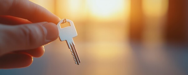 A hand holding a key against a warm, blurred background, suggesting themes of access, security, and new beginnings.