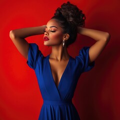 Fototapeta premium A stylish woman in a blue off-shoulder dress with red lipstick, posing against a vibrant red backdrop