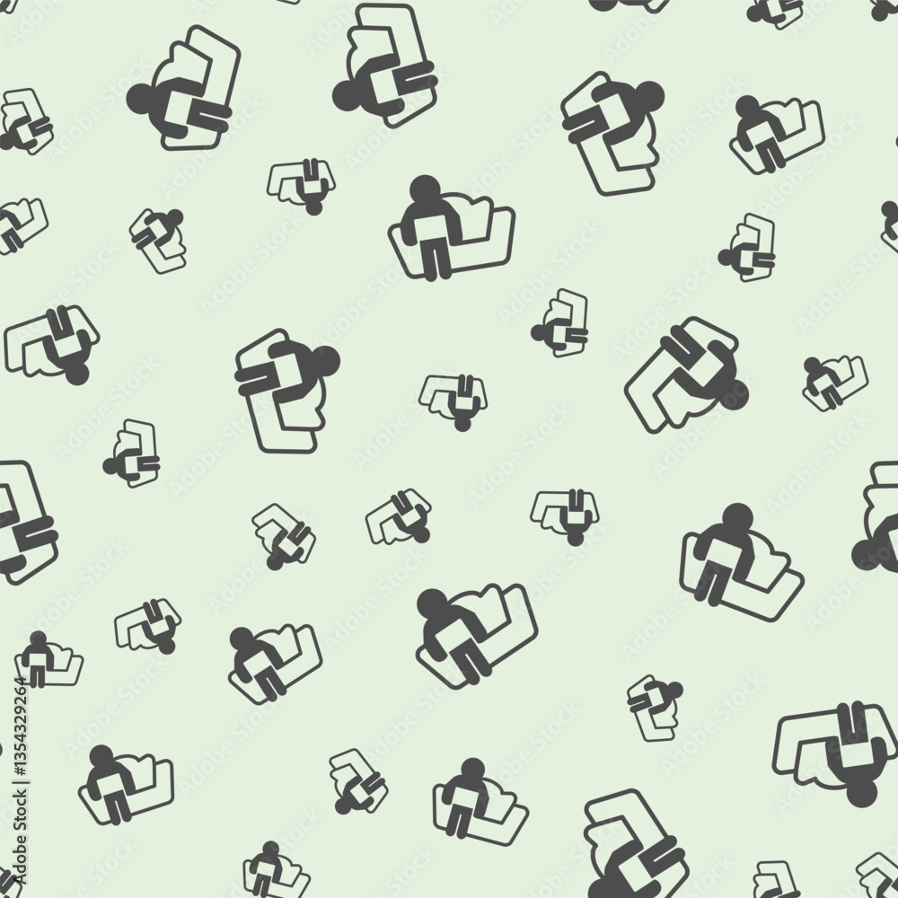 Poster man with laptop on sofa solid seamless pattern, remote work theme. vector graphics. person sitting o