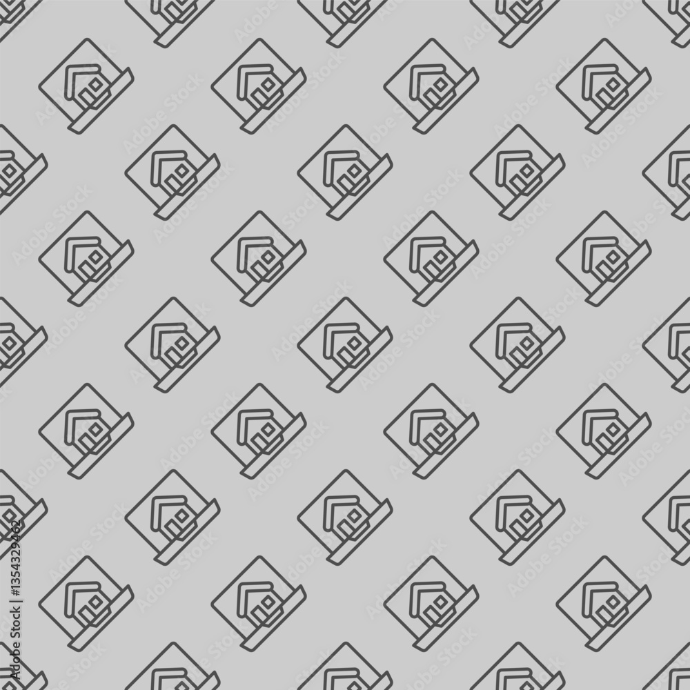 Poster laptop screen with home house line seamless pattern, remote work theme. vector graphics. display and