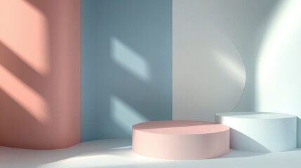 Product Display Stage: A minimalist product display stage with three geometric podiums in pastel colors, artfully lit to create shadows.
