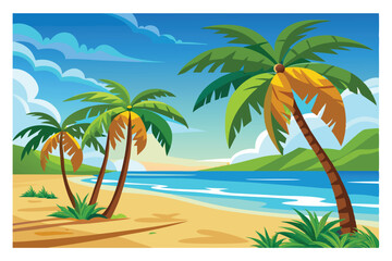 Fototapeta premium A simple and clear name for the image could be: Tropical beach with palm trees and ocean view