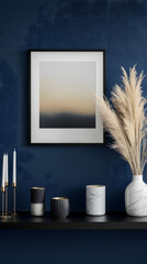Elegant Navy Blue Wall Decor with Vertical Poster Frame, Black Shelf, and Cozy Home Accessories