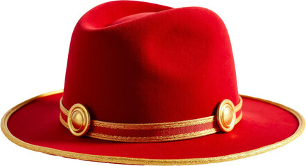Elegant red fedora hat with gold accents, transparent background